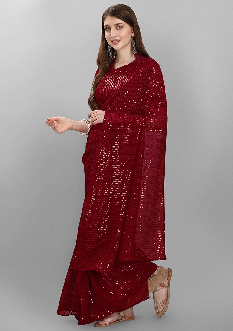 Maroon Sequin Embroidered Georgette Saree Set