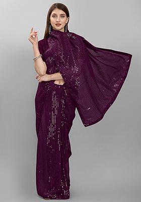 Wine Sequin Embroidered Georgette Saree Set
