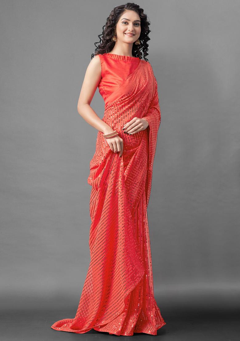 Red Sequin Embroidered Georgette Saree Set