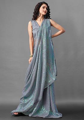 Grey Sequin Embroidered Georgette Saree Set