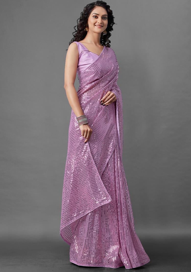 Dark Pink Sequin Embroidered Georgette Saree Set