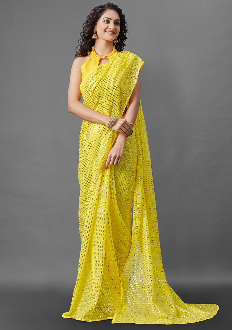 Light Yellow Sequin Embroidered Georgette Saree Set