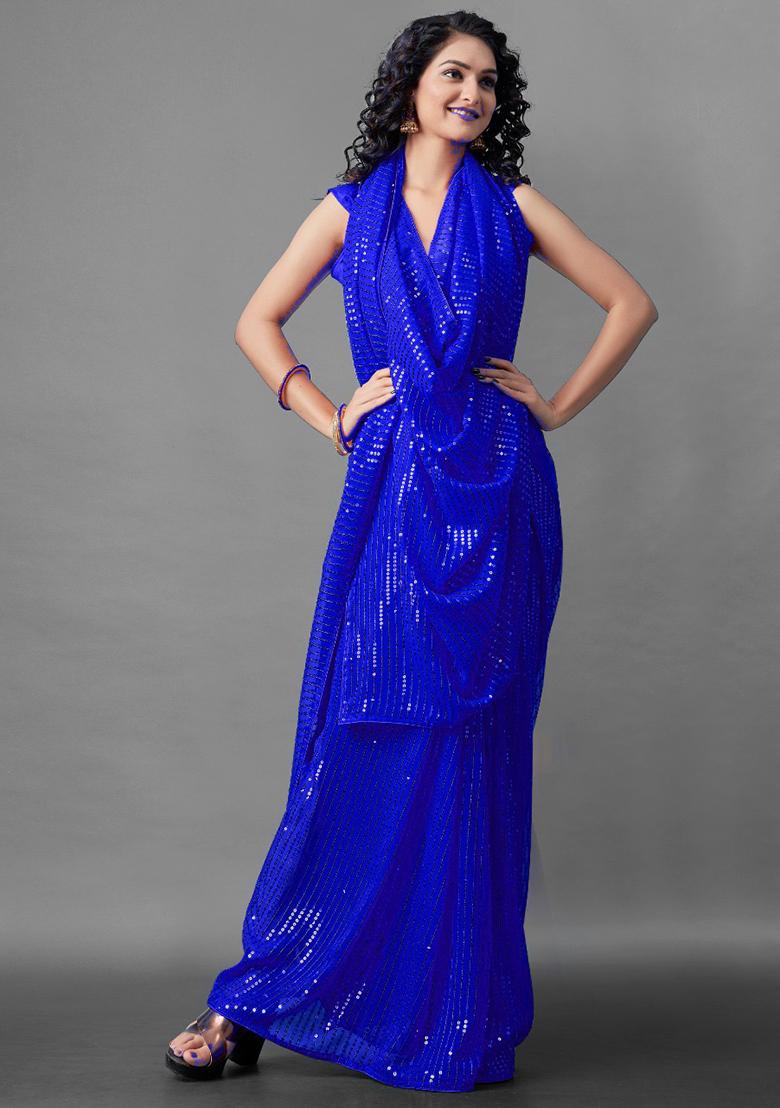 Blue Sequin Embroidered Georgette Saree Set
