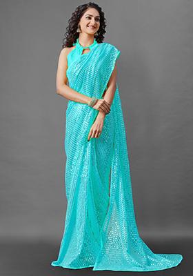 Turquoise Sequin Embroidered Georgette Saree Set