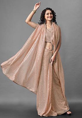 Peach Sequin Embroidered Georgette Saree Set