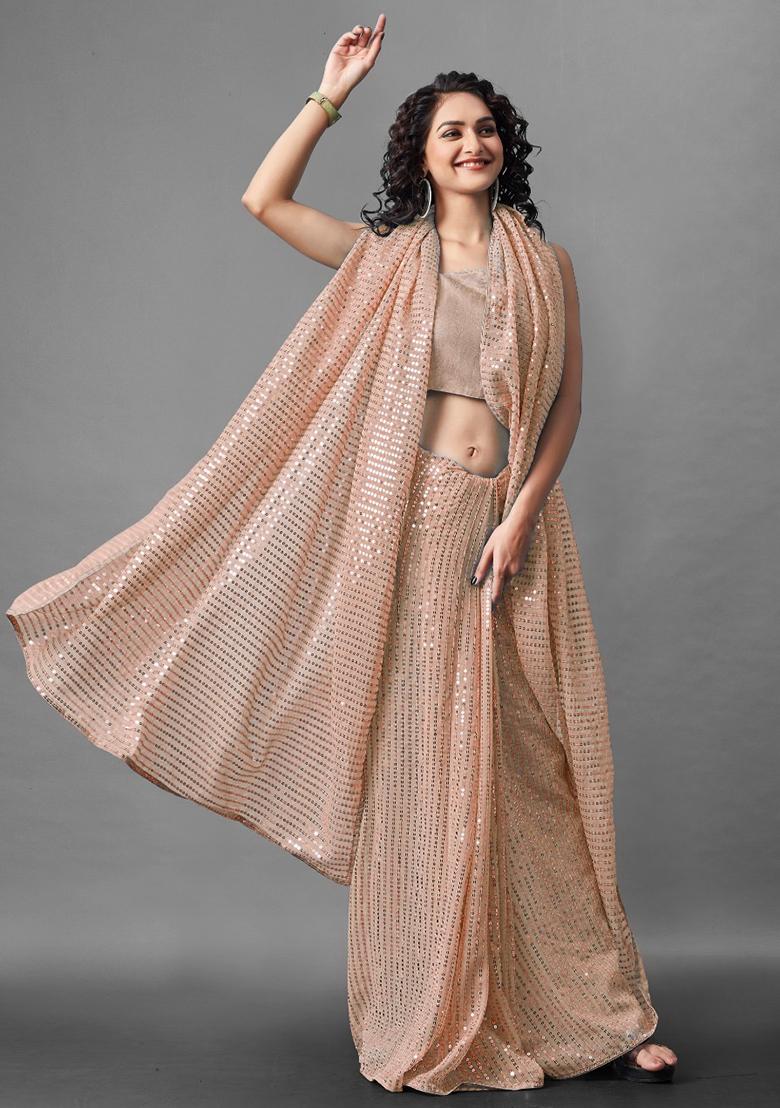 Peach Sequin Embroidered Georgette Saree Set