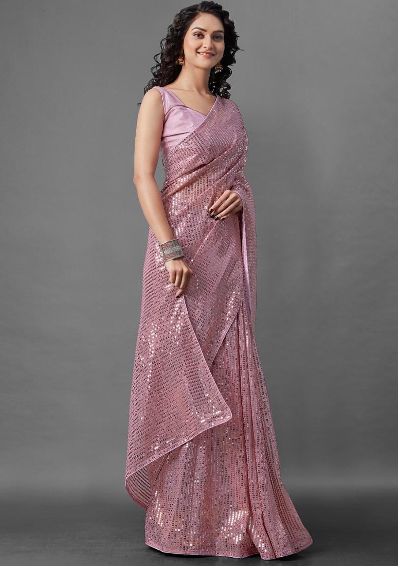 Peach Sequin Embroidered Georgette Saree Set