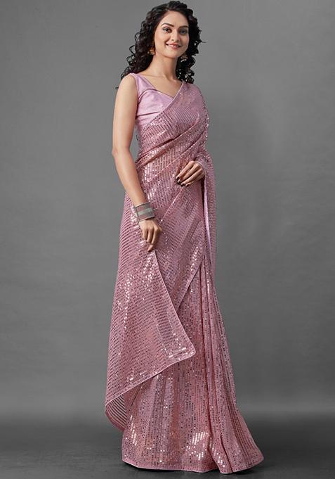 Peach Sequin Embroidered Georgette Saree Set