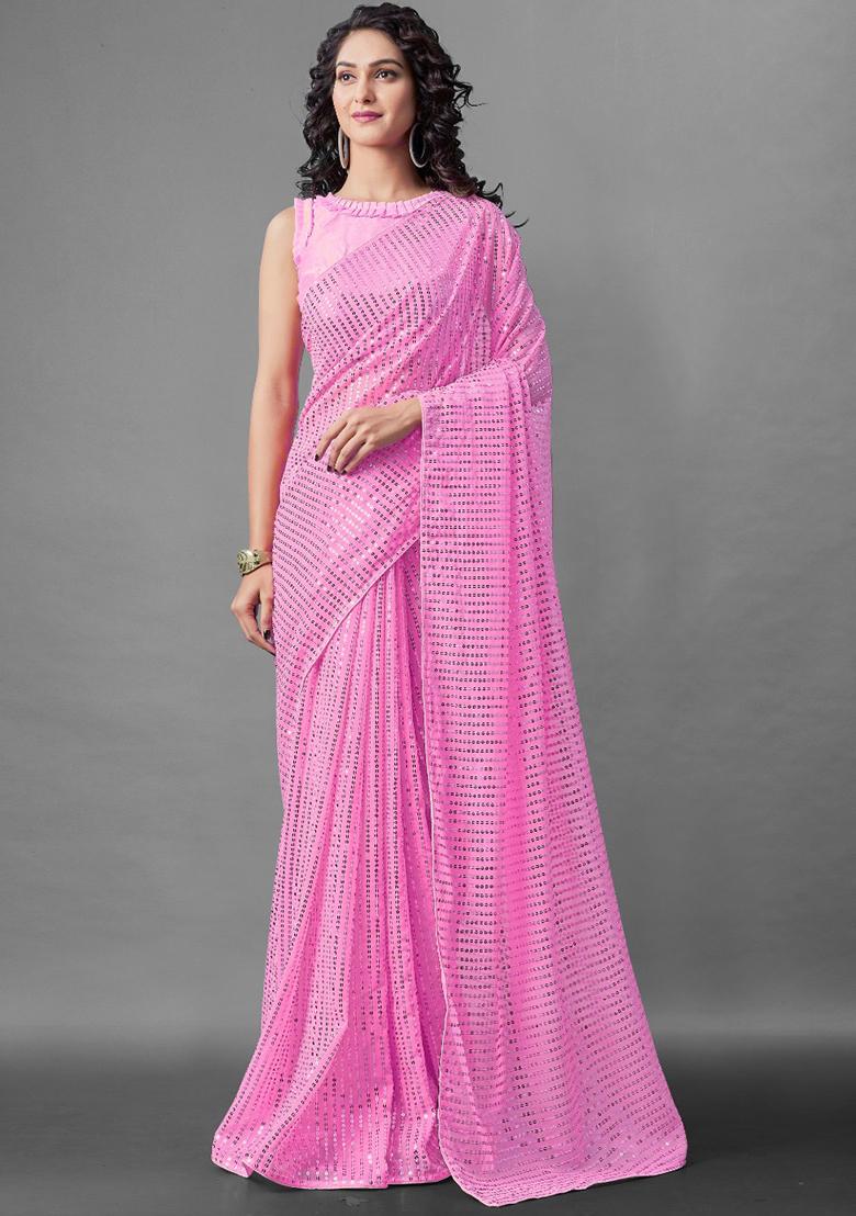 Pink Sequin Embroidered Georgette Saree Set