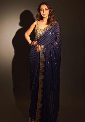 Blue Sequin Embroidered Georgette Saree Set