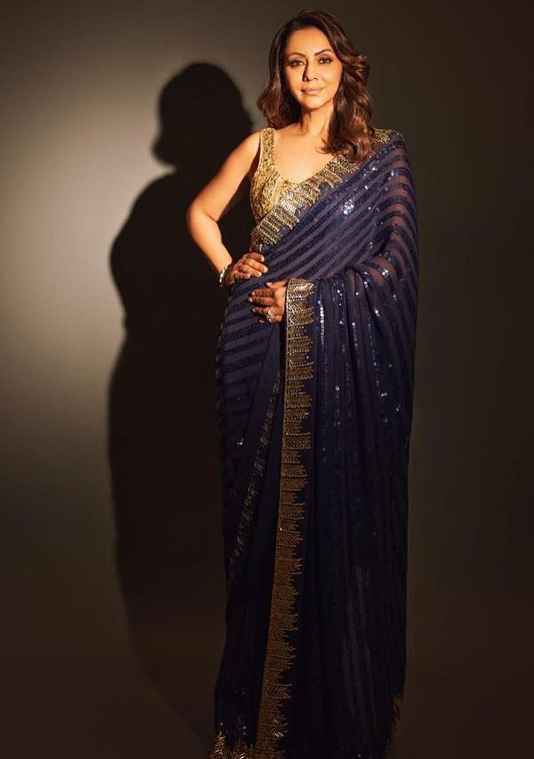 Blue Sequin Embroidered Georgette Saree Set