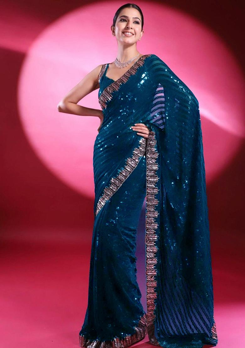 Teal Sequin Embroidered Georgette Saree Set