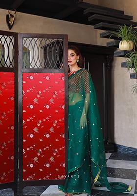 Green Sequin Embroidered Organza Saree Set