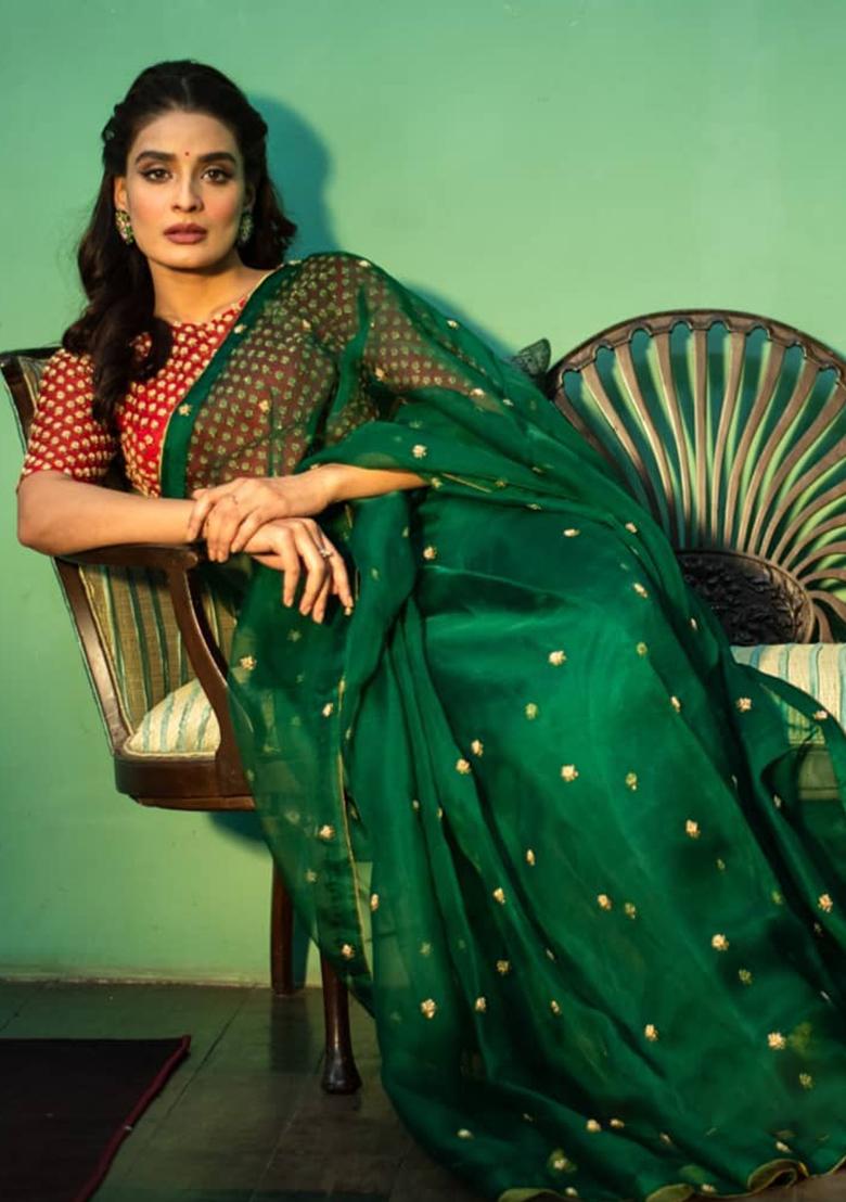 Green Sequin Embroidered Organza Saree Set