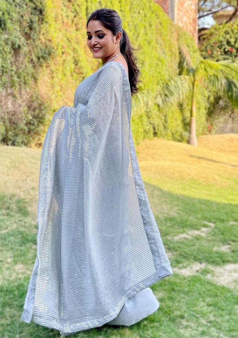 Grey Sequin Embroidered Georgette Saree Set