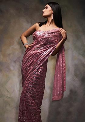 Peach Sequin Embroidered Georgette Saree Set