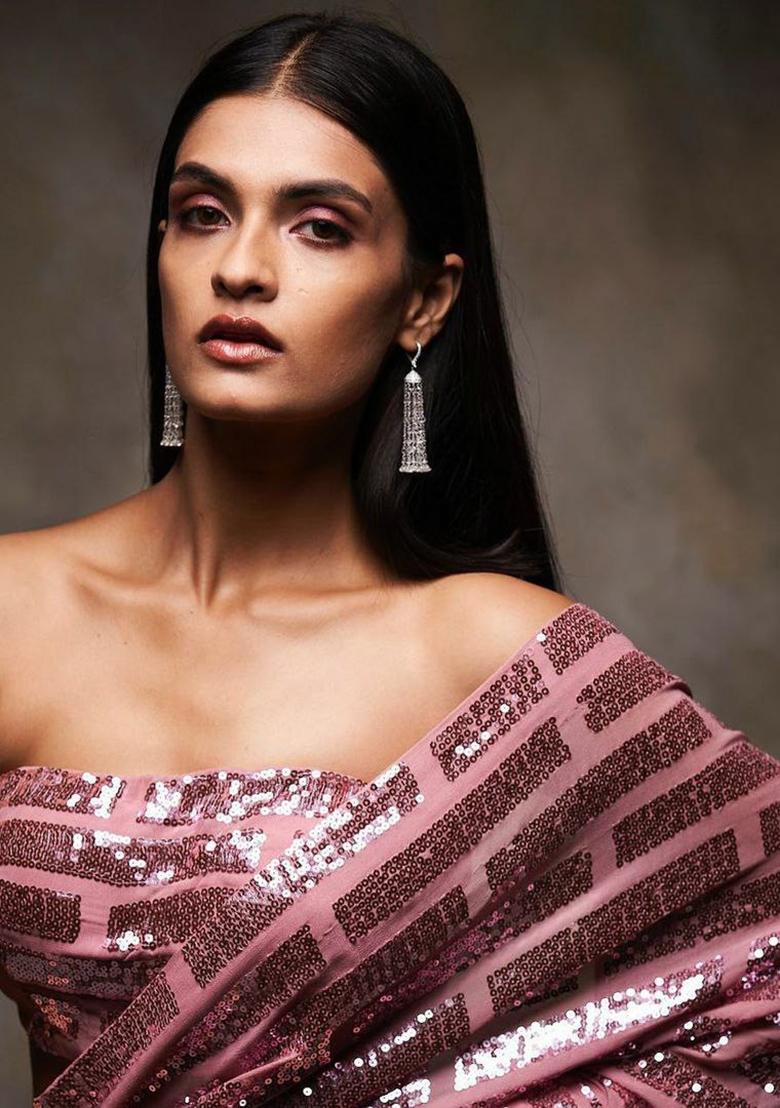 Peach Sequin Embroidered Georgette Saree Set