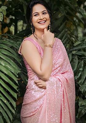 Peach Sequin Embroidered Georgette Saree Set