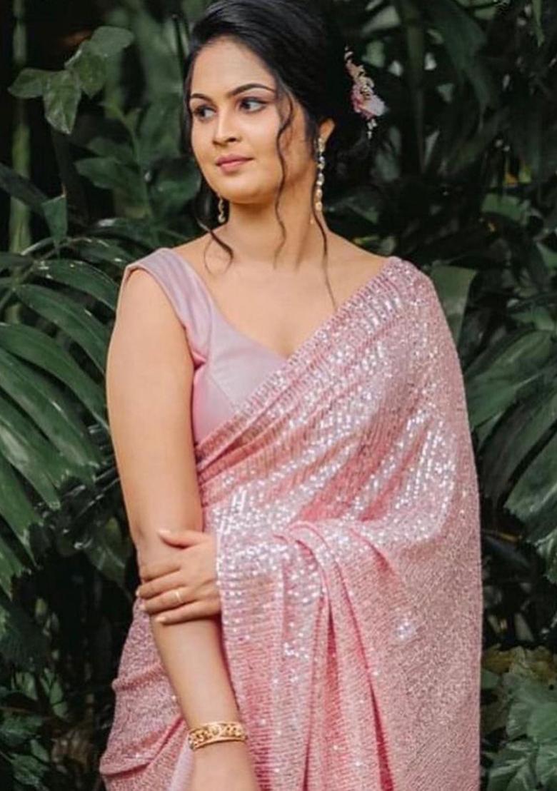 Peach Sequin Embroidered Georgette Saree Set