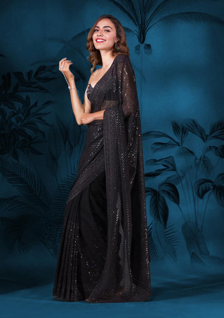 Black Sequin Embroidered Georgette Saree Set