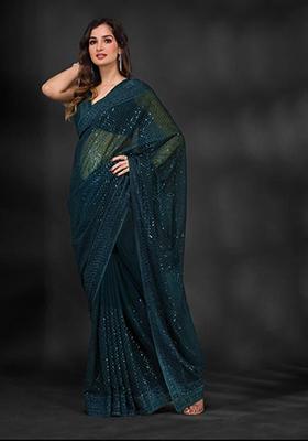 Teal Sequin Embroidered Georgette Saree Set
