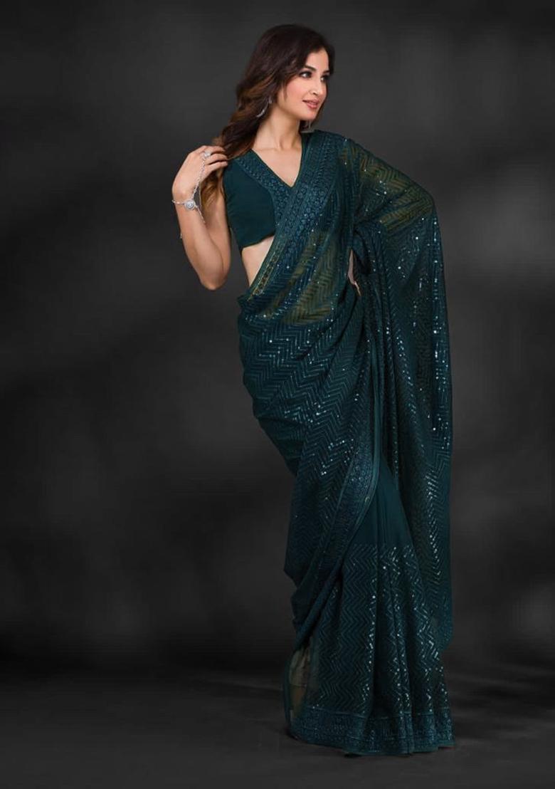 Teal Sequin Embroidered Georgette Saree Set