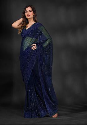Blue Sequin Embroidered Georgette Saree Set