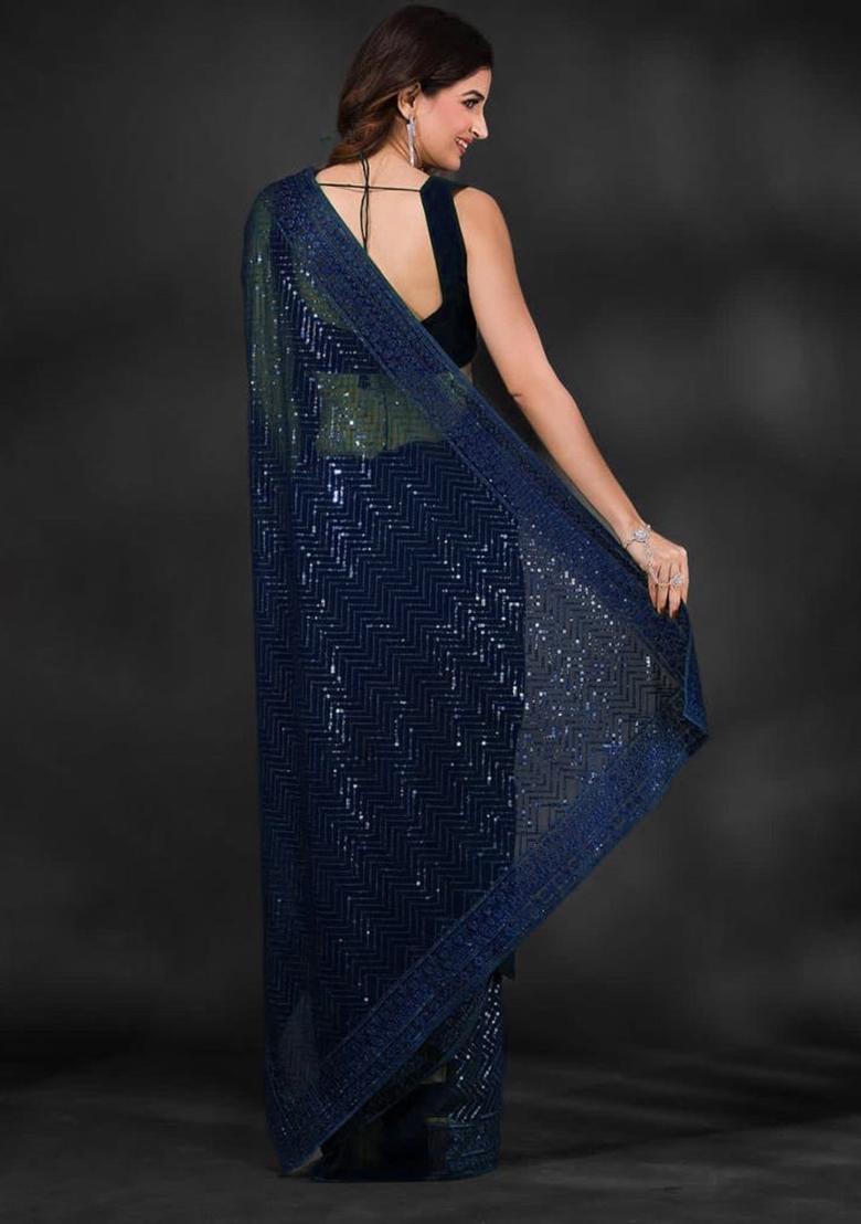 Blue Sequin Embroidered Georgette Saree Set