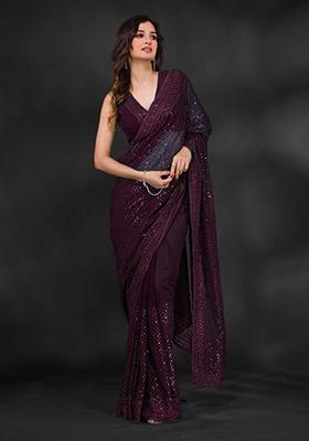 Wine Sequin Embroidered Georgette Saree Set