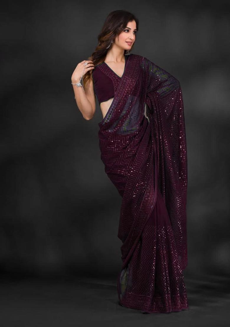 Wine Sequin Embroidered Georgette Saree Set