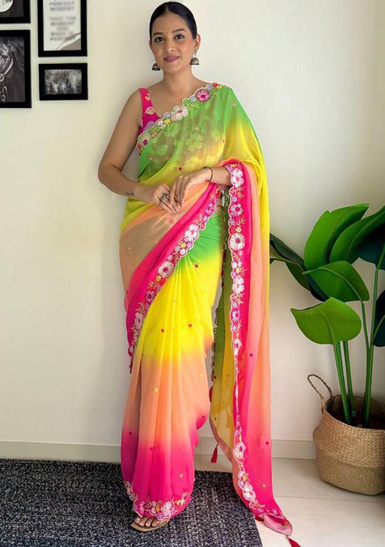 Multicolor Sequin Embroidered Georgette Saree Set