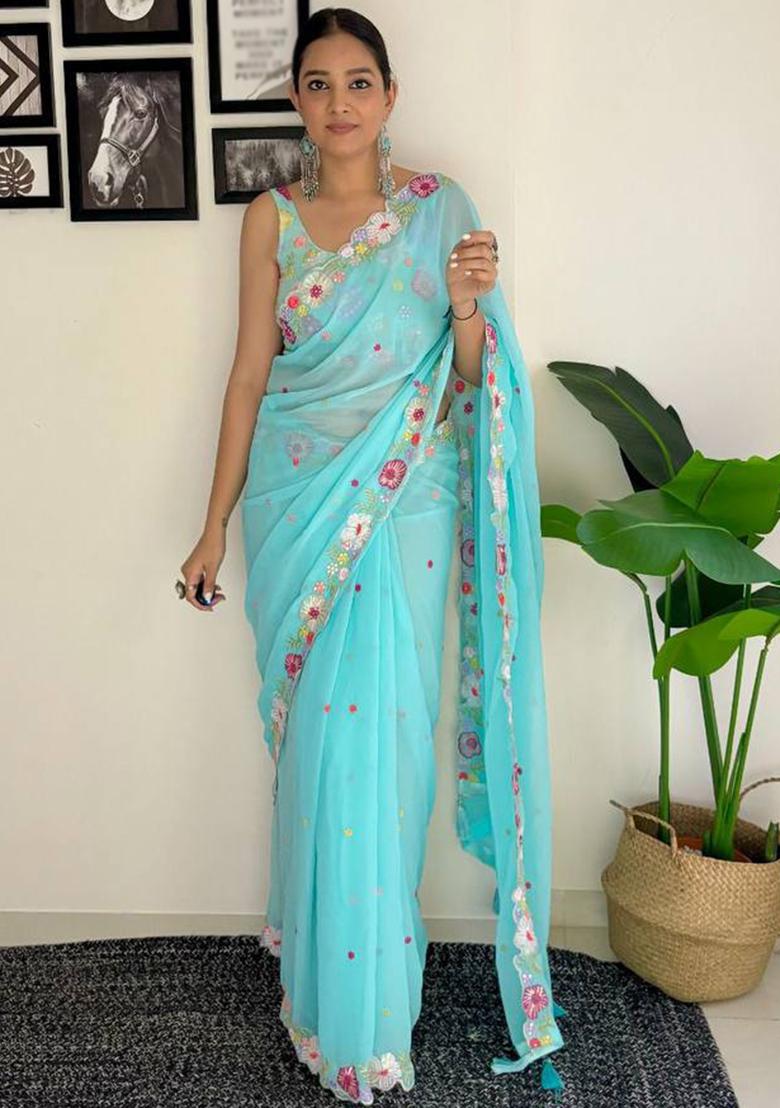 Multicolor Sequin Embroidered Georgette Saree Set