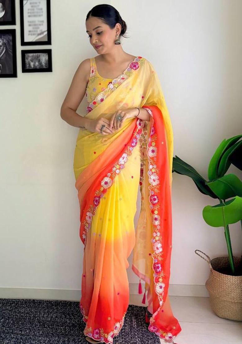 Multicolor Sequin Embroidered Georgette Saree Set