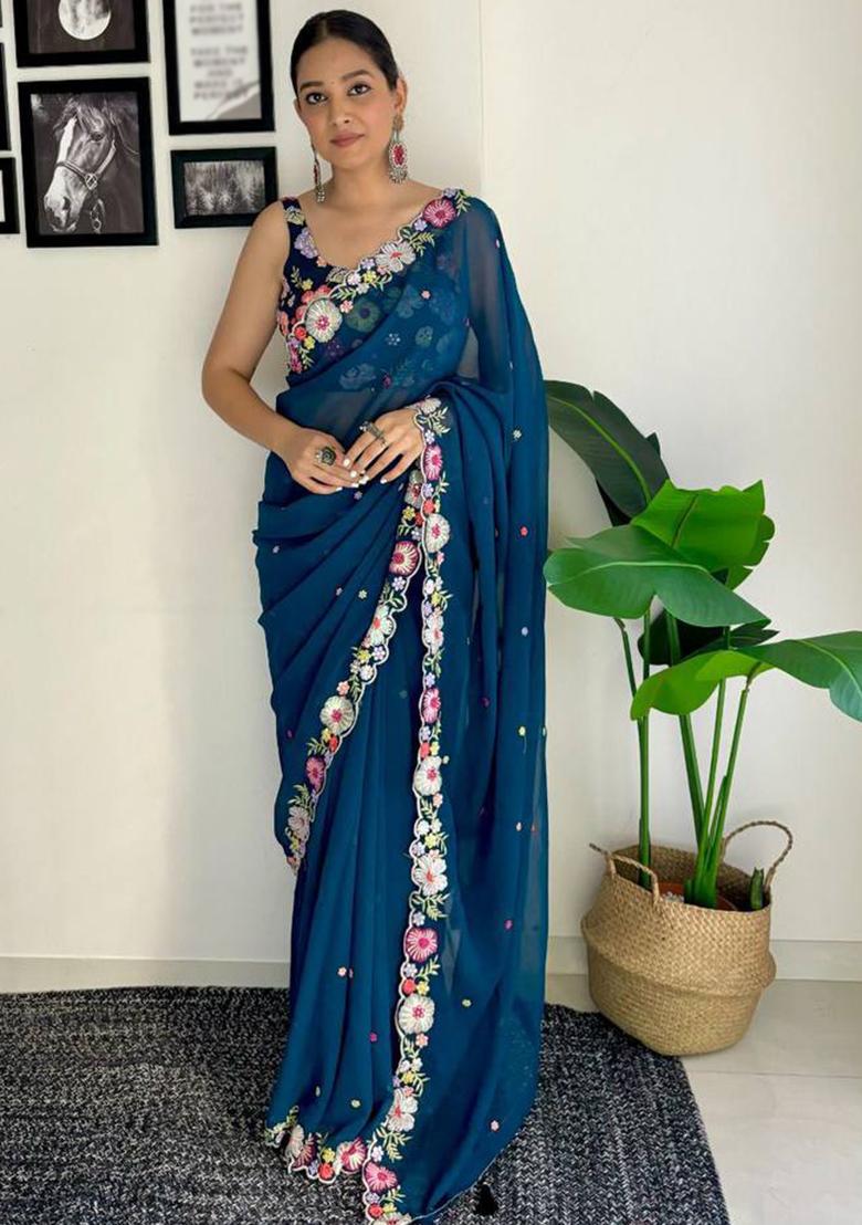 Multicolor Sequin Embroidered Georgette Saree Set