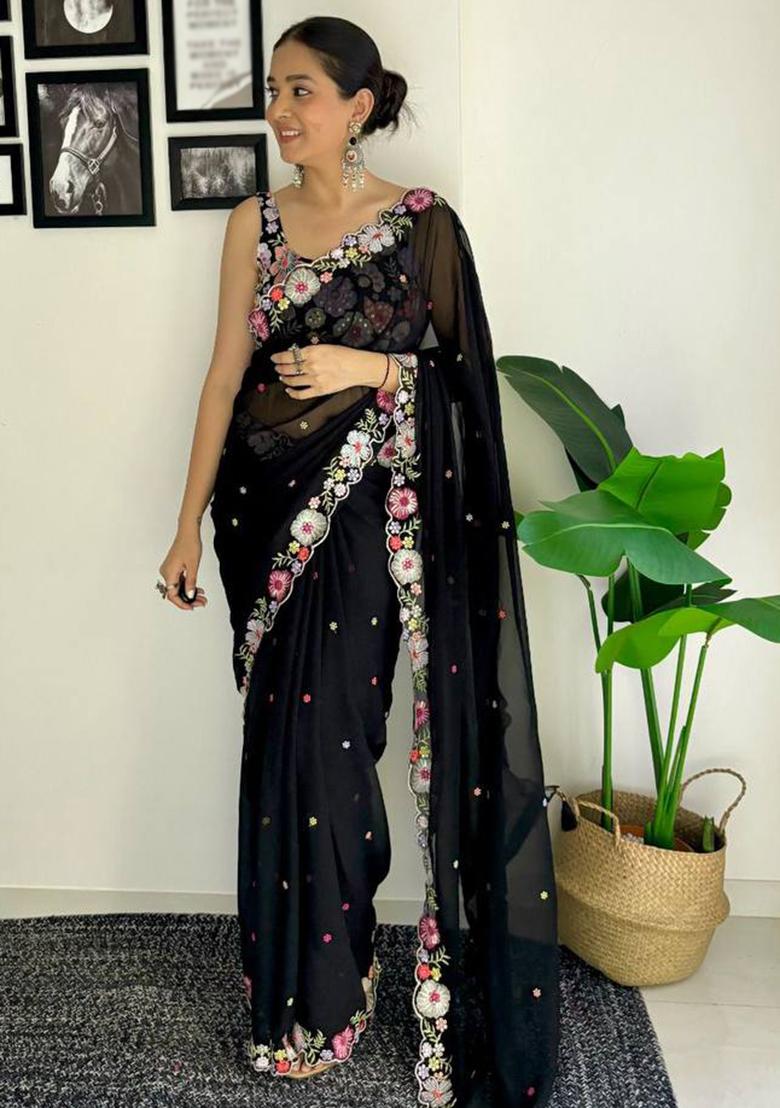 Multicolor Sequin Embroidered Georgette Saree Set