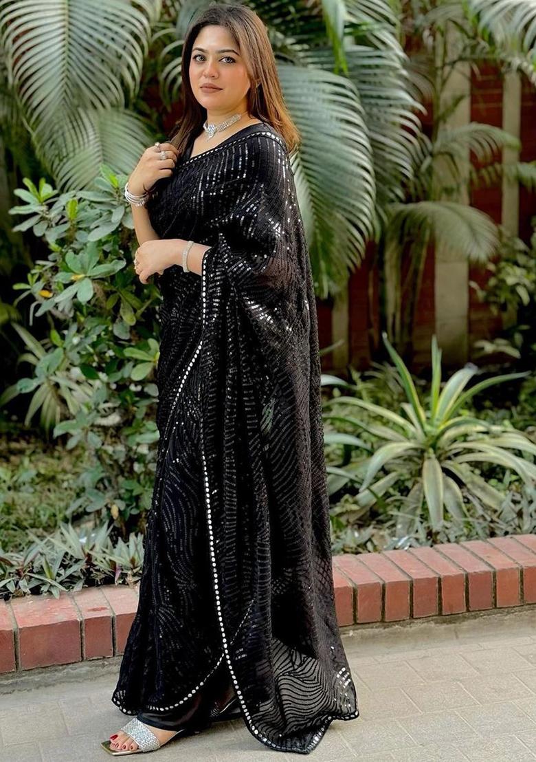 Black Sequin Embroidered Georgette Saree Set