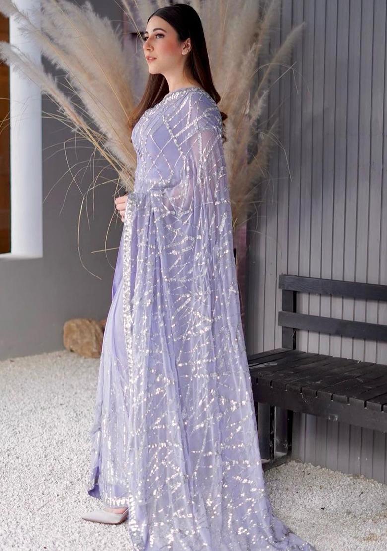 Lavender Sequin Embroidered Georgette Saree Set