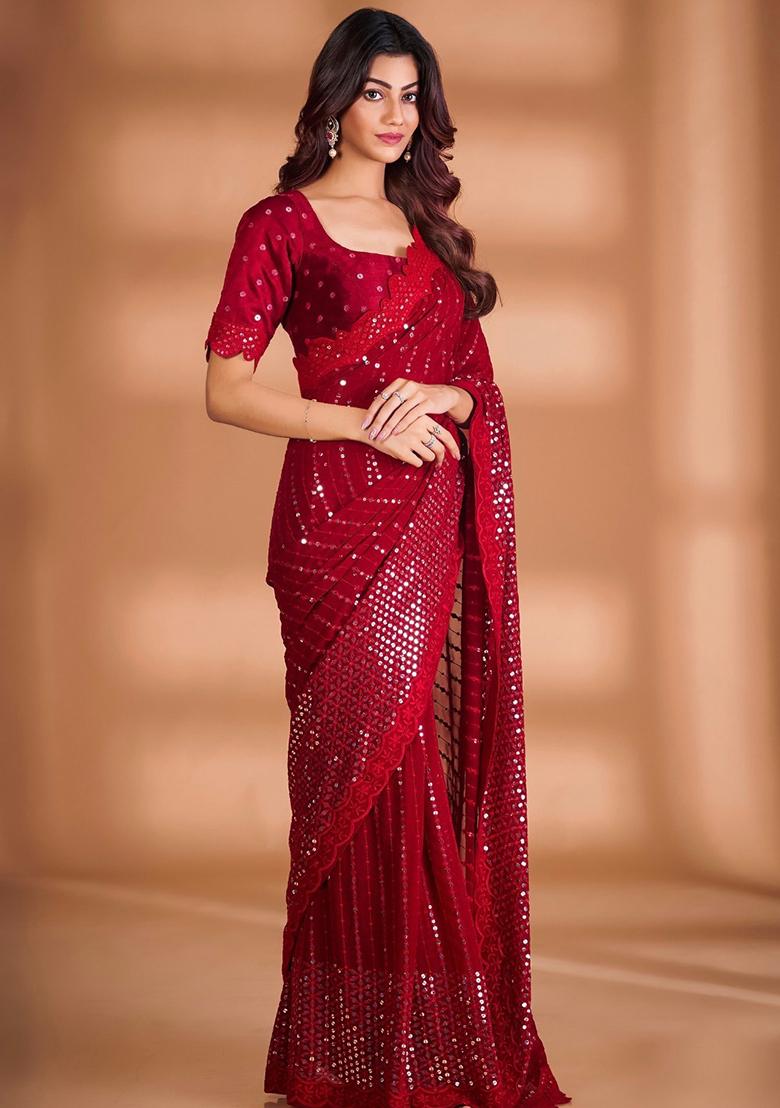 Red Sequin Embroidered Georgette Saree Set