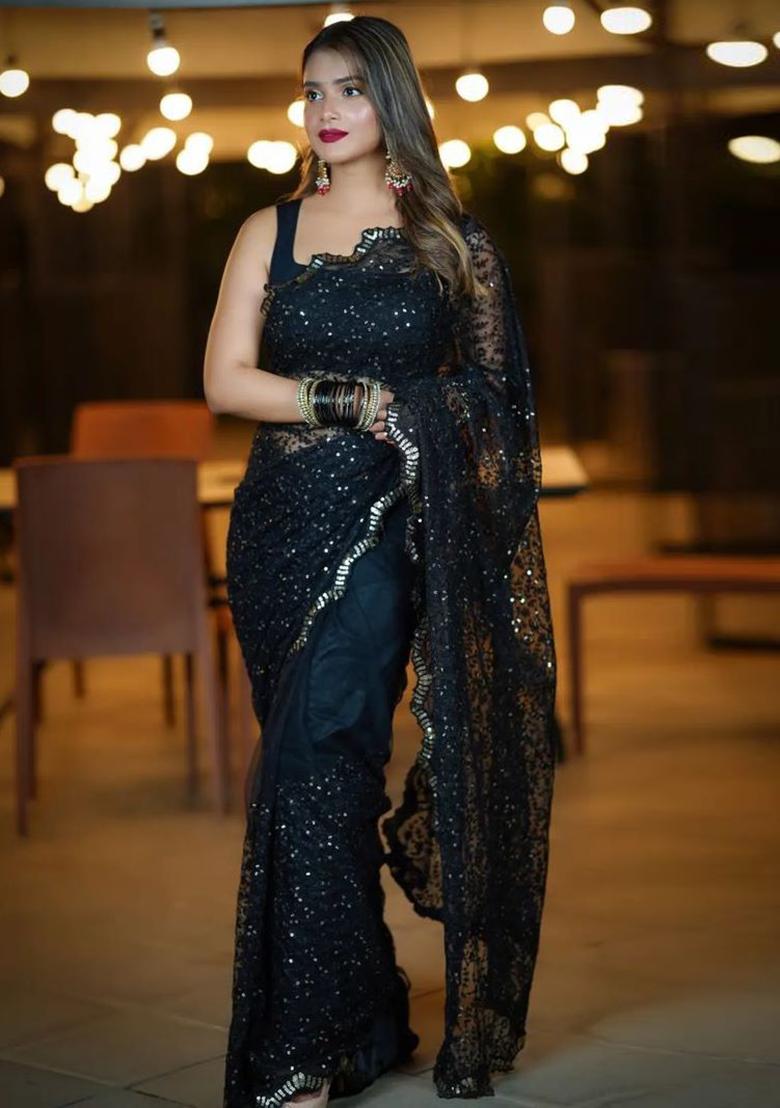 Black Sequin Embroidered Net Saree Set