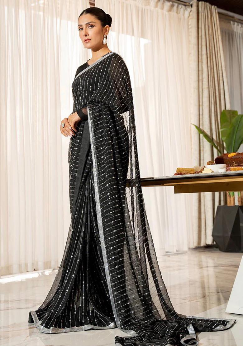 Black Sequin Embroidered Georgette Saree Set