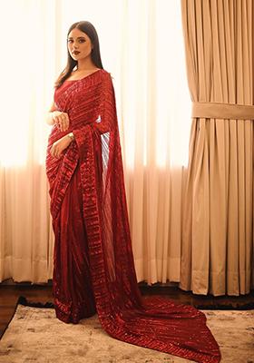 Red Sequin Embroidered Georgette Saree Set