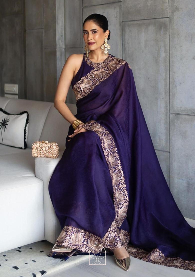 Purple Sequin Embroidered Silk Saree Set