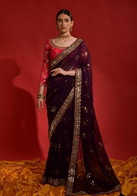 Wine Sequin Embroidered Georgette Saree Set