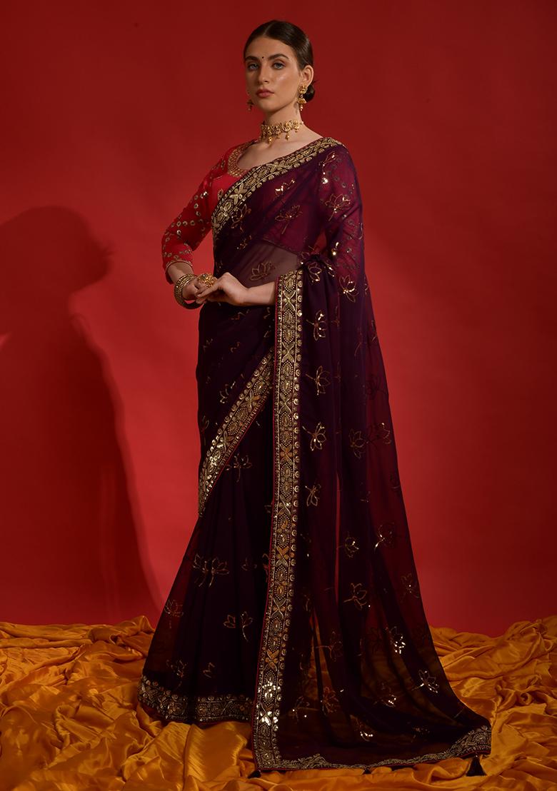 Wine Sequin Embroidered Georgette Saree Set