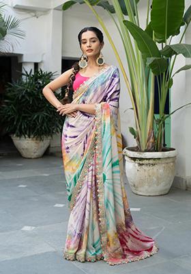 Multicolor Sequin Embroidered Chinon Saree Set