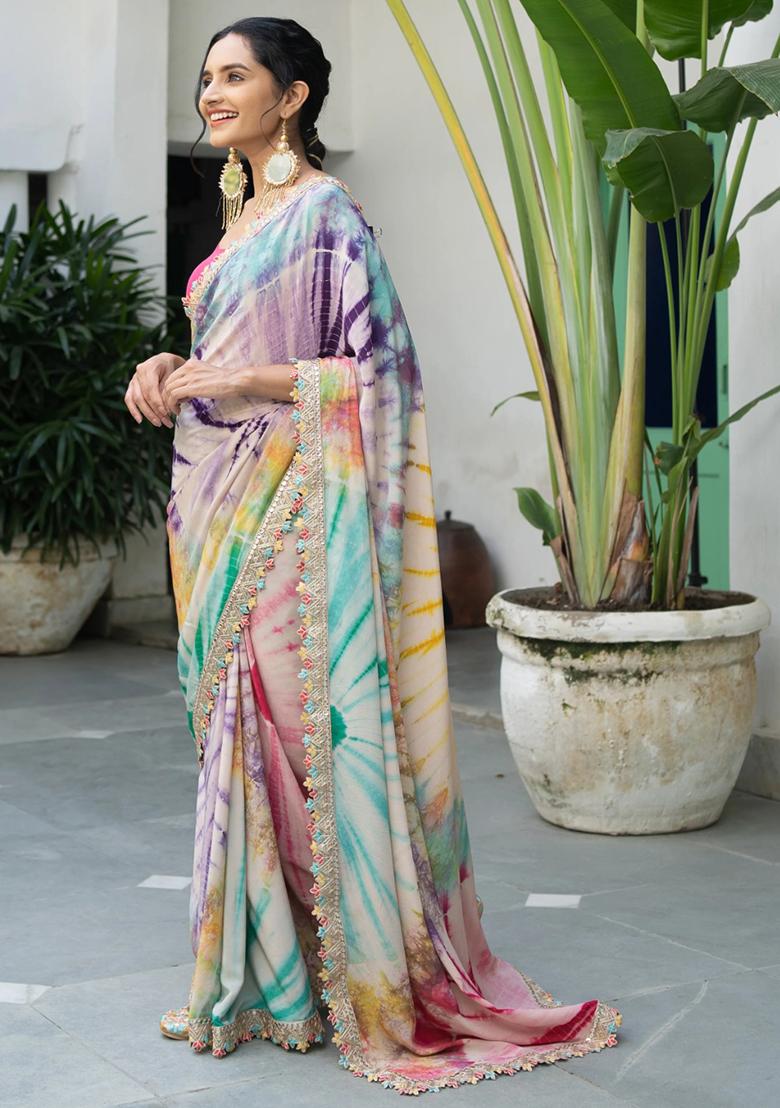 Multicolor Sequin Embroidered Chinon Saree Set