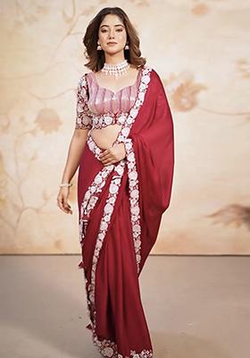 Red Sequin Embroidered Chinon Saree Set