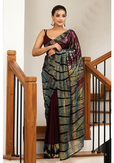 Wine Sequin Embroidered Georgette Saree Set