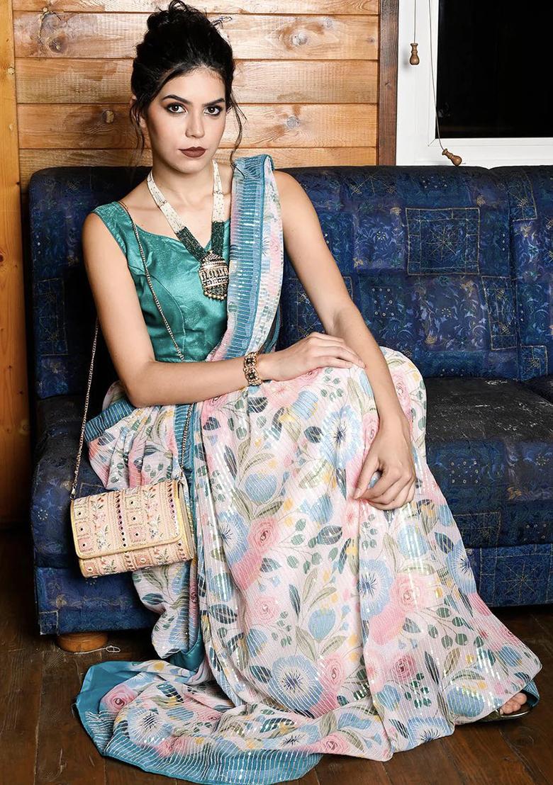 Multicolor Sequin Embroidered Georgette Saree Set