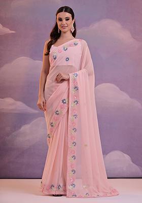 Pink Sequin Embroidered Georgette Saree Set
